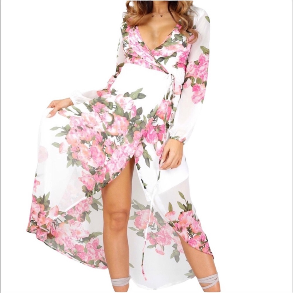 NWT SHOWPO Autumn Falls White Floral Chiffon Maxi Wrap Dress SZ 8
